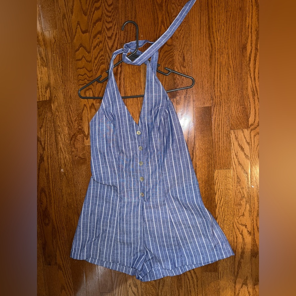 Love Tree Blue and White Striped Romper